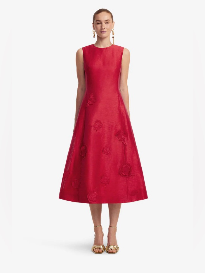 Leo Lin Cleo Linen Red Rose Appliqu Sleeveless A-Line Midi Dress Au8/Us4 Nwot